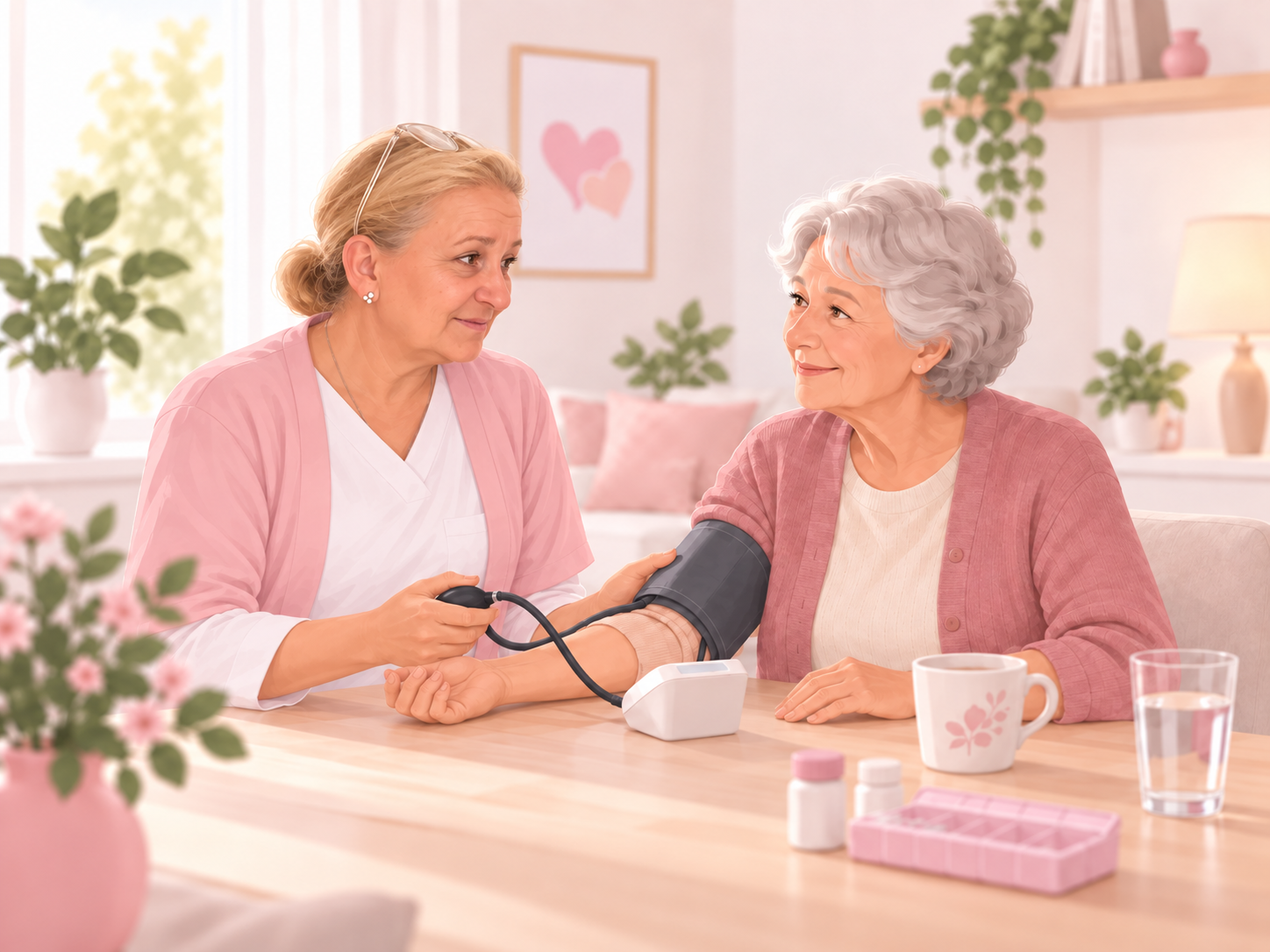 Pflegekraft misst bei einer Seniorin den Blutdruck