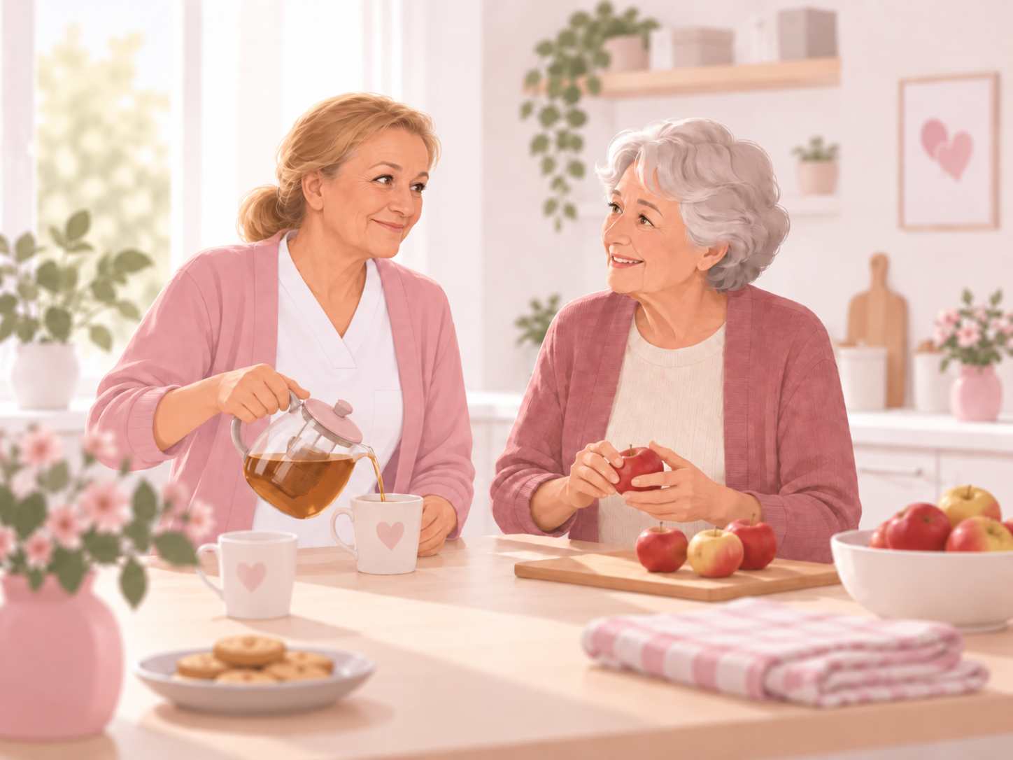 Pflegekraft schenkt einer Seniorin beim gemeinsamen Alltag Tee ein